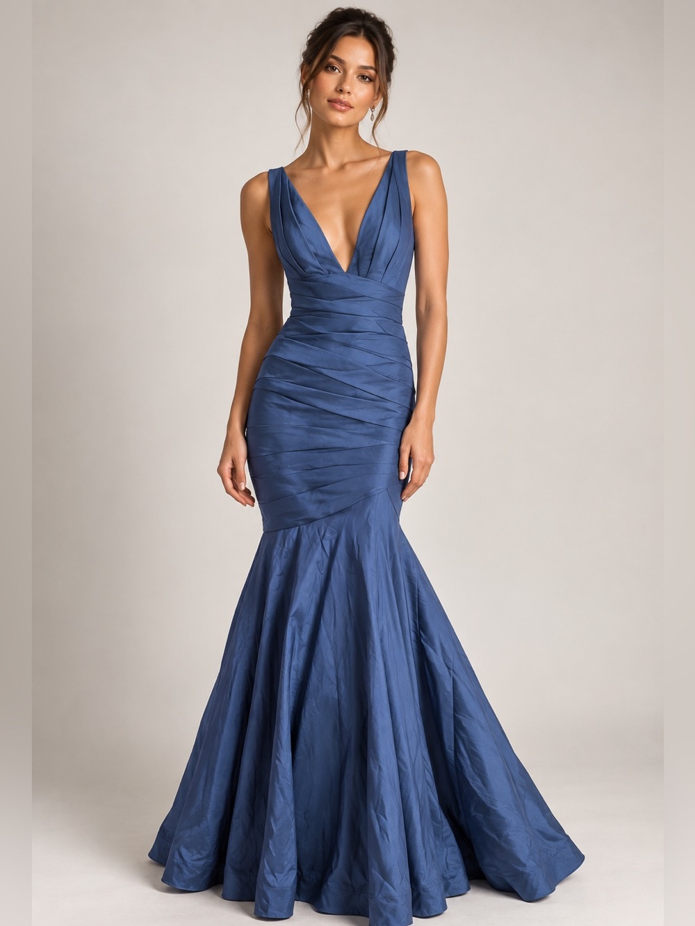 Watters & Watters Blue Ruched Mermaid Trumpet Formal Prom Dress Evening Gown
